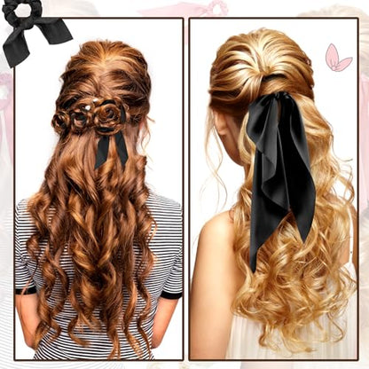 MTLEE 12 Pcs Hair Accessories for Women Hair Bows Scrunchies Scarf Ties Bunny Ears Silk Satin Scrunchies Ribbons Scarf Ties with Bows for Women Lady(Black) - color: Black