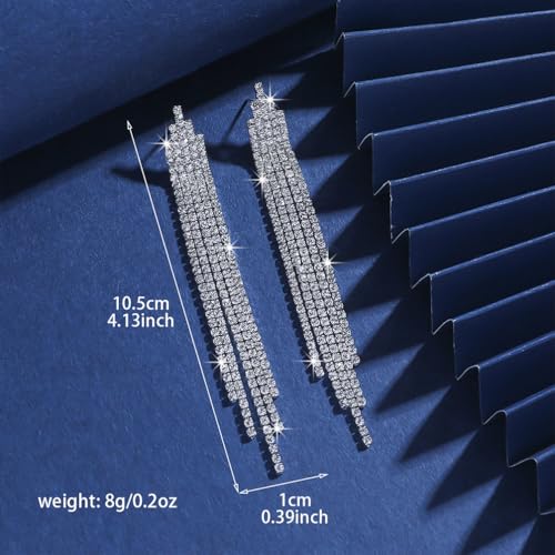 Silver Shiny Rhinestone Long Tassel Dangle Earrings for Women Trendy, Unique Bling Zirconia Drop Earring Dainty Prom Party Jewelry Accessories Gift - color: Silver