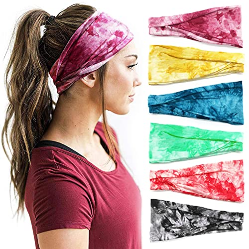 YONUF Boho Headbands For Women Fashion Wide Headband Yoga Workout Head Bands Hair Accessories Elastic Tie Dye Band 6 Pack - color: Tie dye