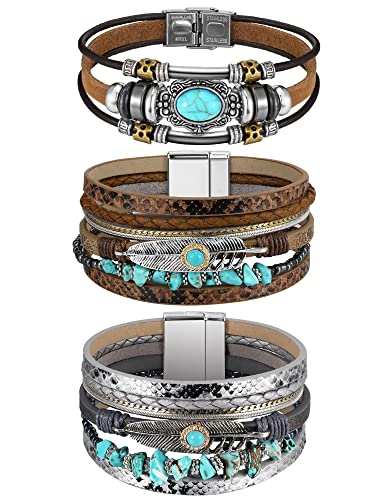 Inbagi 3 Pcs Bohemian Western Jewelry for Women Turquoise Bracelet Jewelry Western Accessories for Women Cowgirl Accessories - style: Retro