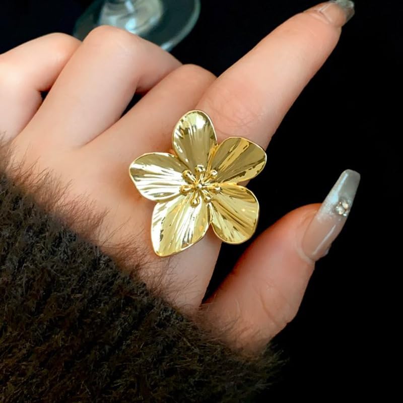 Gold Flower Ring for Women Trendy Silver Flower Statement Ring Adjustable Minimalist Rings Jewelry - color: Gold, style: Flower A