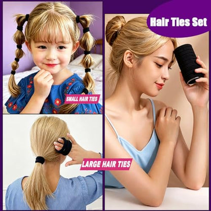 130 Pcs Baby Hair Ties Set, 120 Pcs Small Hair Ties and 10 Pcs Large Hair Ties, Seamless Hair Bands for Girls and Kids Elastic Ponytail Holders (Black) - color: Black