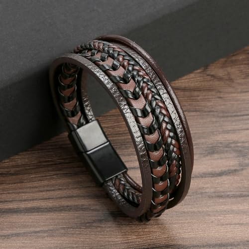 Mens Leather Bracelet Multi-Layer Braided Bracelet Wristband Father's Day Birthday Jewelry Gifts 8.5" Classic Bracelet with Stainless Steel Buckle - color: brown
