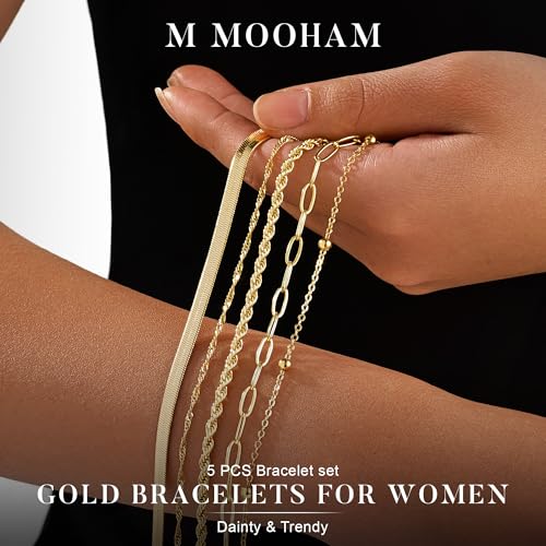 M MOOHAM Gold Bracelets Set for Women No Tarnish | 14K Gold Plated, Dainty Stackable Bracelets Stack for Women, Herringbone Paperclip Rope Cuban Chain Bracelet Set Stack - color: 8.Rope Snake Paperclip Set 2