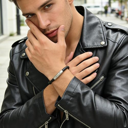 Men's Leather Bracelet, Stackable Stainless Steel Clasp Bracelets for Men Stylish Birthday, Thanksgiving, Valentine's Day Gift for My Man (8.2" Black Leather) | Men's Accessory, Leather Band, Stainless Steel, Wrist Bracelet