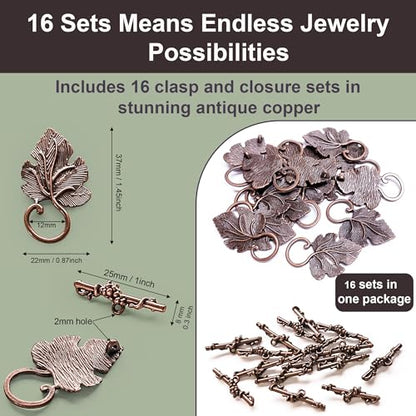 Heather's CF Toggle Jewelry Clasps – Durable Quality, Antique Grape Leaves Copper Finish Toggle Clasps & Closures for Necklace, Bracelet & Charms – Ideal for DIY, & Jewelry Making – Large (Set of 16) - color: Large copper toggle clasp
