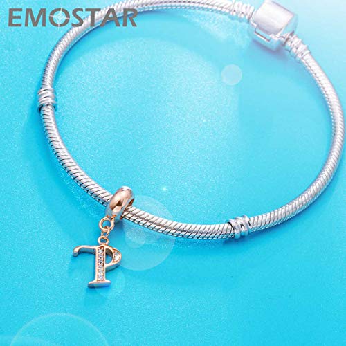 EMOSTAR Letter Charms Initial A-Z Alphabet Beads, Rose Gold 925 Sterling Silver Dangle CZ Birthstone Pendant, Gifts for European Charm Bracelet/Mothers Day/Birthday - color: Letter P