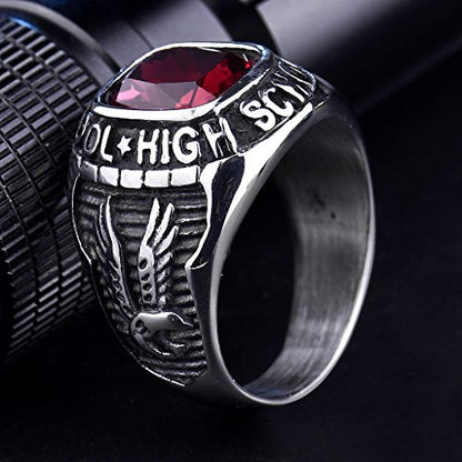 MASOP Retro Eagle Red Ruby Color Crystal Stainless Steel High School Rings for Men Silver Tone Size 8-15