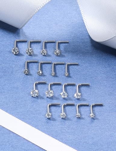 18G 20G 22G Round Cubic Zirconia Nose Rings Studs for Women Men 316L Stainless Surgical Steel Nose Ring Stud Piercing Jewelry Silver Gold Clear CZ 1.5mm 2mm 2.5mm 3mm - style: 18G L Shaped Silver