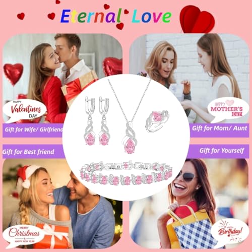 LMXXVJ Jewelry Set for Women,Teardrop Cubic Zirconia Necklace Earrings Adjustable Ring Bracelet Jewelry Set Formal Jewelry Gift - color: MHSD-White Gold-Pink