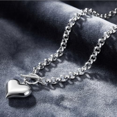 Stainless Steel Puffy Heart Pendant Round Chain Chunky Necklace - size: 18inch