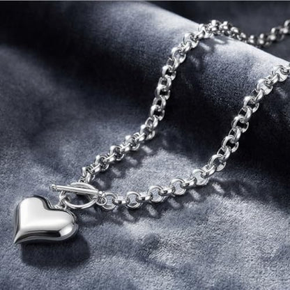 Stainless Steel Puffy Heart Pendant Round Chain Chunky Necklace - size: 18inch