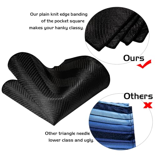 5PCS Mens Silk Tie, Pocket Square, Cufflinks, Drilled Tie Ring and Lapel Pin Set for Wedding Groom Party - color: Black Striped Tie Set -130