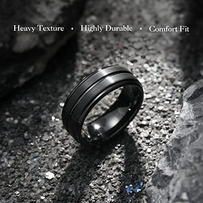 King Will Mens Tungsten Carbide Wedding Band with Groove Design | 6/7/8mm Width, Grooved, Comfort Fit, Everyday Wear - color: Black-8mm