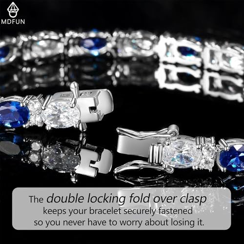 MDFUN 18K White/Yellow Gold Plated Green/Blue 5 * 7MM Oval 5A+ Cubic Zirconia Tennis Bracelet for Women Birthstone Jewelry Gift 6.5-8.5 inch - color: 18K White Gold -Blue