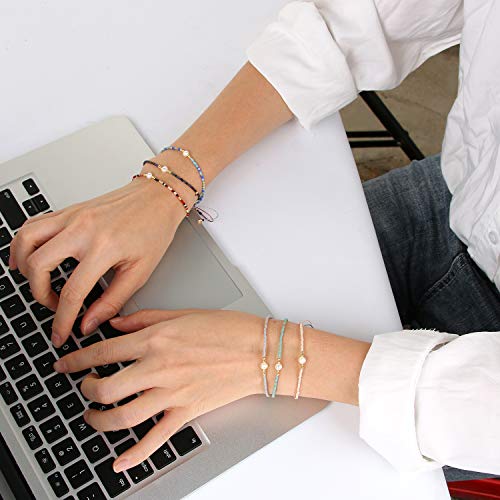 KELITCH 3 PCS Natural Pearls Bracelets Women Strand Thin Rope Friendship Bracelets Handmade Stack Charm Bracelets - color: Pink Green Purple 02C