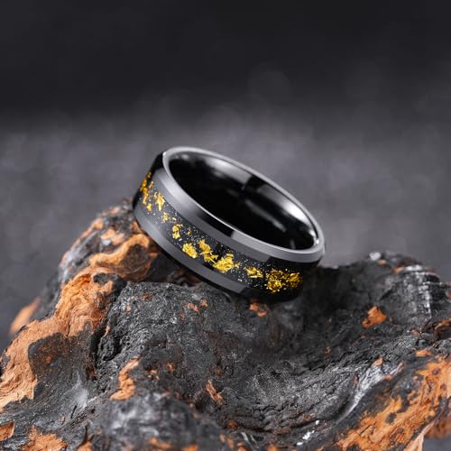 King Will Mens Wedding Band with Foils Inlay, Black/Silver/Gold | Black, 6mm/8mm, Beveled Edge, Comfort Fit, Glowstone Ring, Everyday Wear - color: Black&Colorful Gold-8mm