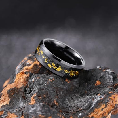 King Will Mens Wedding Band with Foils Inlay, Black/Silver/Gold | Black, 6mm/8mm, Beveled Edge, Comfort Fit, Glowstone Ring, Everyday Wear - color: Black&Colorful Gold-8mm