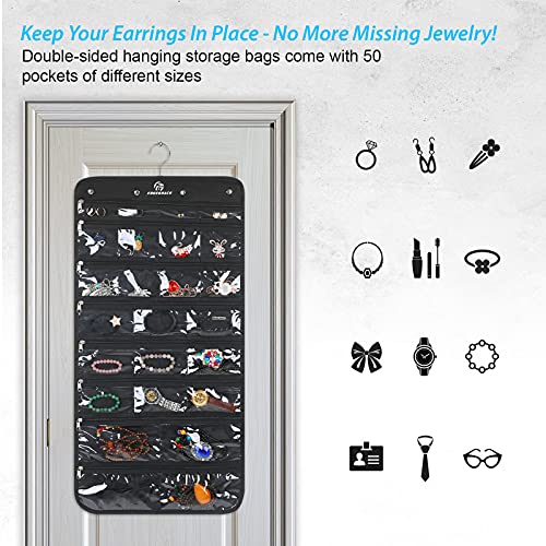 Hanging Jewelry Organizer with 50 Transparent Pockets, 360° Rotating Hanger & Secure Zipper Closure - Foldable Double Sided Jewelry Storage Bag for Earrings, Rings, Necklaces, Bracelets (Black)