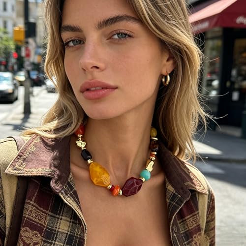 Chunky Acrylic Beaded Necklace for Women Colorful Acrylic Resin Beaded Choker Big Round Beads Statement Necklace Fashion Jewelry - color: Red