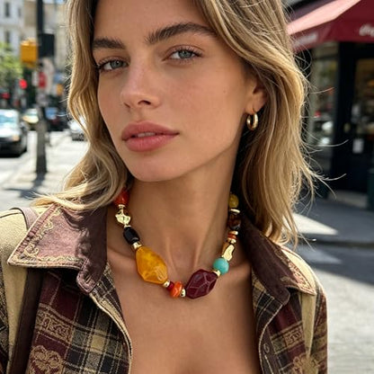 Chunky Acrylic Beaded Necklace for Women Colorful Acrylic Resin Beaded Choker Big Round Beads Statement Necklace Fashion Jewelry - color: Red