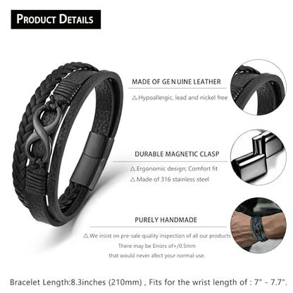 Men's Leather Infinity Bracelet Stainless Steel Number 8 Wristband Cuff Bangle Bracelets Gifts for Men, 8.3 & 9.1 inches - color: 03.Three-layers leather & black infinity, size: 8.3inch(Fits most wrists.)