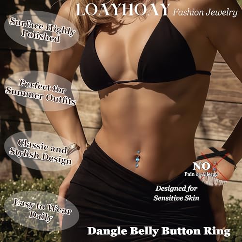 14G G23 Pure Titanium Dangle Belly Button Ring for Women Dangling CZ Navel Ring Teardrop Curved Barbell Belly Rings Internally Threaded Belly Piercing Jewelry - color: Blue