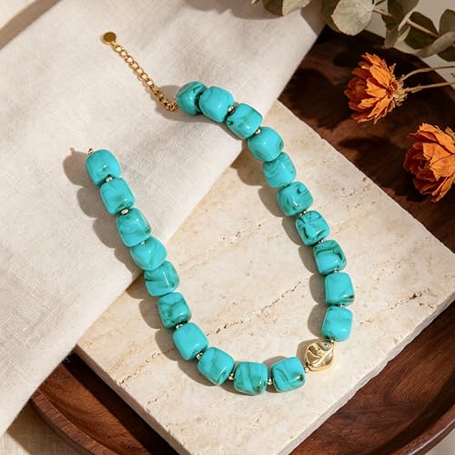 Beaded Necklaces for Women Boho Chunky Necklace Statement Big Resin Bead Choker Fashion Summer Beach Jewelry - color: Turquoise