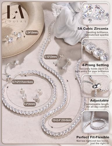 LOLIAS Silver Jewelry Set for Women Tennis Necklace Bracelet Hypoallergenic | Wedding Jewelry Sets for Brides Bridemaid,Costume Party Prom Accessories,Chockers Necklace CZ Tennis Bracelet Earrings Studs - style: Tennis Necklaces Bracelet+4mm/5mm/6mm Studs
