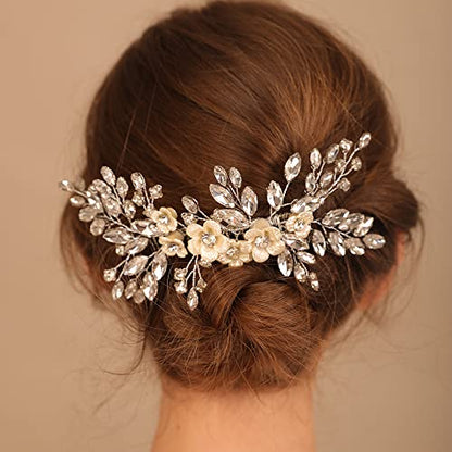Bridal White Flower Light Blue Crystal Rhinestone Hair Comb for Bride Bridesmaid Sliding side Headpieces Wedding Hair Accessories for Women and Girls (Blue 1) - color: Blue 1