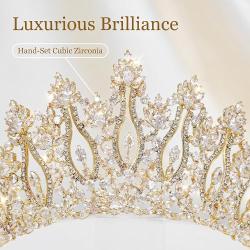 QXMYOO Luxury Wedding Tiaras for Bride Cubic Zirconia Big Tall Crown Quinceanera Crystal Headband for Women CZ Pageant Birthday Prom Party Headpiece Bridal Hair Accessories Silver - color: Gold