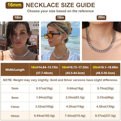 NOKMIT Chunky Cuban Link Curb Chain Necklace for Women Men Dainty 18K Gold Silver Tone Choker Thick Trendy Statement Diamond Cut Punk Hip Hop Cuban Chain Jewelry Gifts Unisex Size 5mm/9mm/13mm/16mm - color: 16mm-Gold, size: 16inches