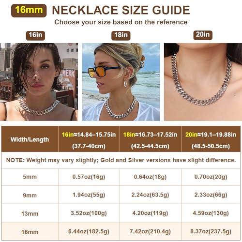 NOKMIT Chunky Cuban Link Curb Chain Necklace for Women Men Dainty 18K Gold Silver Tone Choker Thick Trendy Statement Diamond Cut Punk Hip Hop Cuban Chain Jewelry Gifts Unisex Size 5mm/9mm/13mm/16mm - color: 16mm-Silver, size: 20inches