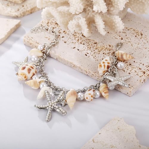 RUOFFETA Shell Starfish Necklace Bracelet Conch Statement Chunky Necklace Mermaid Costume Jewelry Beach Jewelry for Women - style: Anklet Silver