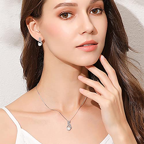 EleQueen 925 Sterling Silver CZ Freshwater Cultured Pearls Bridal Pendant Necklace Earrings Wedding Jewelry Sets, Valentine's Day/Mother's Day/Christmas Gift - style: Pearl Necklace Stud Earrings