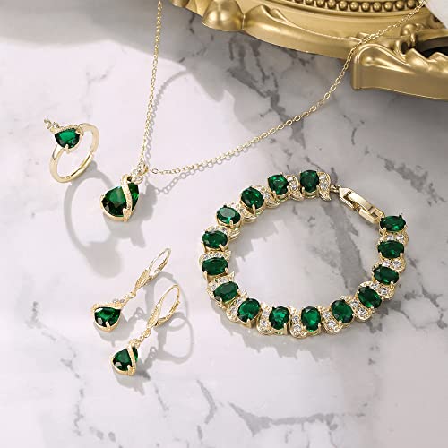 Jewelry Set for Bride, Sparkling Water Drop Cubic Zirconia Crystal Pendant Necklace Leverback Earrings Tennis Bracelet Adjustable Ring Gift for Wedding/Birthday/Mother's Day/Christmas - color: 11-Emerald Color Gold-Plated-Brass