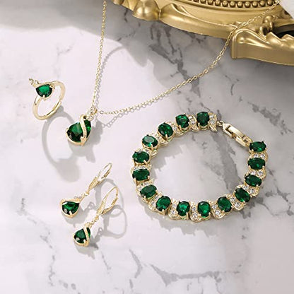 Jewelry Set for Bride, Sparkling Water Drop Cubic Zirconia Crystal Pendant Necklace Leverback Earrings Tennis Bracelet Adjustable Ring Gift for Wedding/Birthday/Mother's Day/Christmas - color: 11-Emerald Color Gold-Plated-Brass