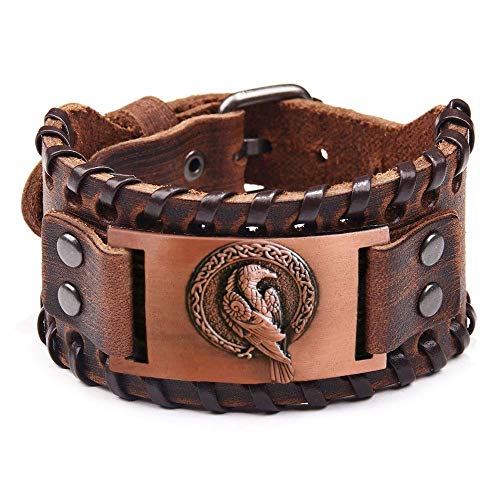 GelConnie Viking Bracelet Punk Leather Cuff Bracelet Gothic Leather Wristband Bracelet with Nordic Amulet Scandinavian Talisman Celtic Pagan Jewelry - color: Brown Bird