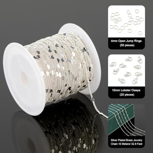 UMAOKANG 10 Meters Silver Chains for Jewelry Making, Silver Plated Brass Flat Heart Curb Link Chain Women Necklace Bracelet DIY Jewelry Chains Bulk - color: Silver Heart