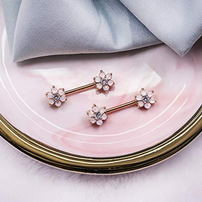 14G Opal Flower CZ Nipple Barbell Nipple Ring Piercing Jewelry for Women - color: rosegold