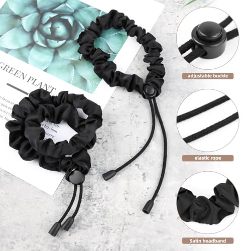 2 Pcs Adjustable Black Hair Ties, Elastic Satin Headband Satin Hair Scrunchies for Women Girls Thick Curly Hair, Afro Puff Ponytail, Natural& Curly Hairstyle