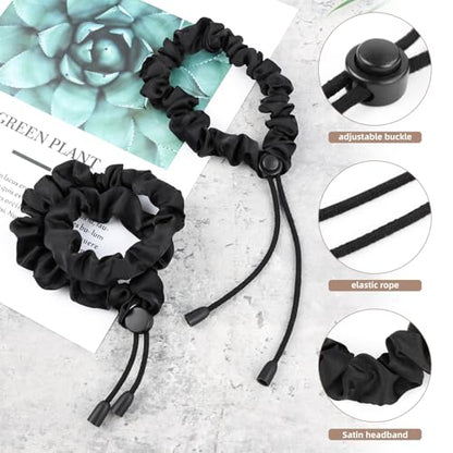 2 Pcs Adjustable Black Hair Ties, Elastic Satin Headband Satin Hair Scrunchies for Women Girls Thick Curly Hair, Afro Puff Ponytail, Natural& Curly Hairstyle