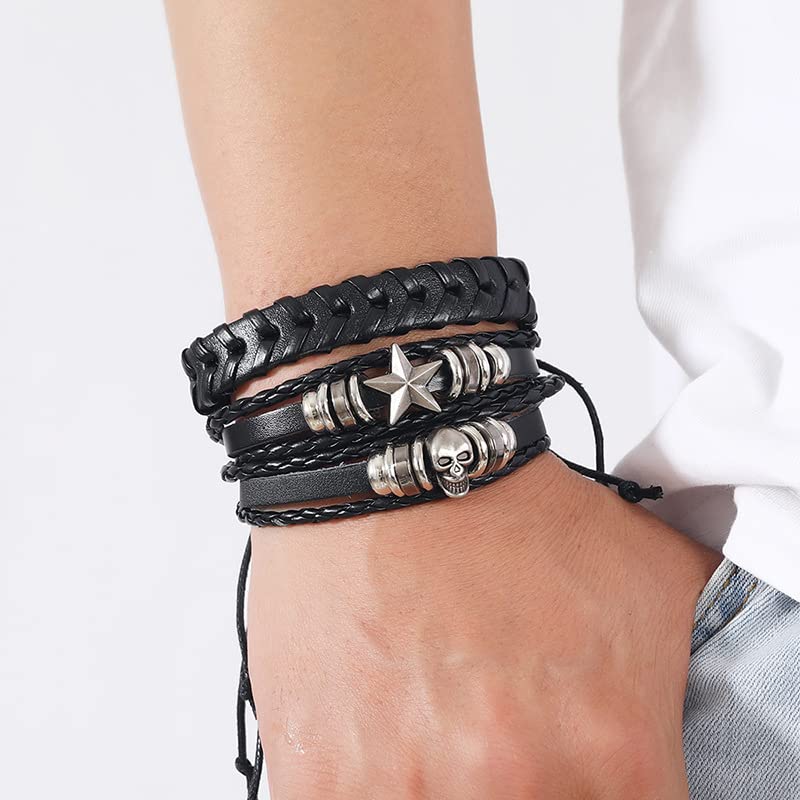 Leather Cuff Bracelet for Men Women, Multilayer Braided Wristband, Adjustable 6.5-9.5 Inches Wrap Bracelets Punk Gothic Grunge - color: Skull Star - 6Pcs