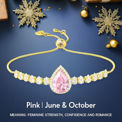 Linawe Crystal Imitation Diamond Rhinestone Charm Bracelets for Women, Gold/Silver/Rose Gold Adjustable Chain Bracelet, Teardrop Birthstone Cubic Zirconia Prom Costume Wedding Jewelry - color: Gold,June,Oct