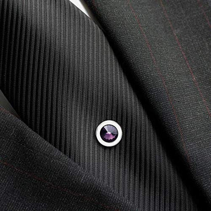 HAWSON Mens Tie Tack with Chain Round Crystal Wedding Business Accessories - color: Silver + Amethyst