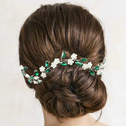 Bridal Crystal Flower Headband Wedding Rhinestone Pearl Floral Hair Vine Headpiece Accessories for Women Girls (Green Crystal Silver Vine) - color: Green Crystal Silver Vine