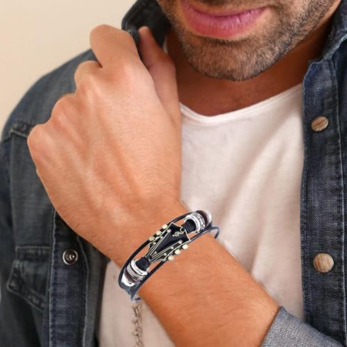 Angyape Retro Faux Leather Guitar Bracelet, Zinc Alloy Rock Music Guitar Leather Bracelet Punk Handmade Braided Multi-Layer Wrap Guitar Shape Decorative Cuff Bracelet Musical Enthusiast Gift - color: Black