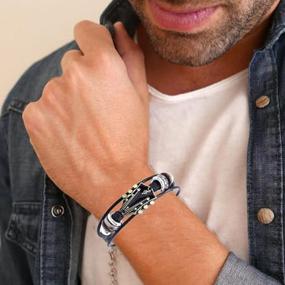 Angyape Retro Faux Leather Guitar Bracelet, Zinc Alloy Rock Music Guitar Leather Bracelet Punk Handmade Braided Multi-Layer Wrap Guitar Shape Decorative Cuff Bracelet Musical Enthusiast Gift - color: Black