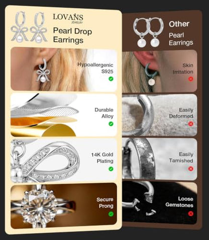 Pearl Drop Huggie Hoop Earrings for Women, Gold & Silver Hypoallergenic Bow | 14K Gold Plated, 925 Sterling Silver Posts, Hypoallergenic, Ideal Gifts for Wedding Anniversary Birthday Mother's Day - color: Silver