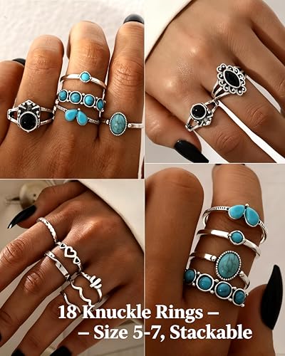 FAXHION 73PCS Western Silver Jewelry Set for Women, Boho Layered Necklaces & Stackable Rings Set, 14 Necklaces 15 Bracelets 26 Earrings 18 Knuckle Rings, Vintage Costume Jewelry Gift